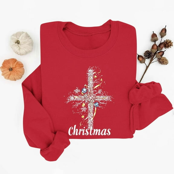 Ounisa Womens Crewneck Sweatshirt Long Sleeve Christmas Cross Print Terry Casual Cute Pullover Top Sweater