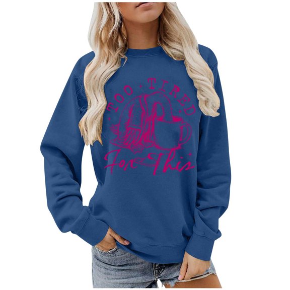 Ounisa Womens Crewneck Sweatshirts Lightweight Casual Long Sleeve Pullover Too Tired Letter Graphic Tops