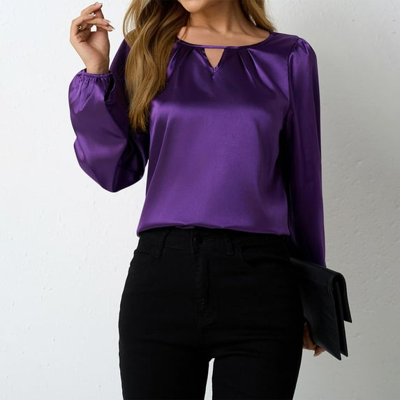 Ounisa Womens Dressy Solid Color Casual Blouse Pleated Long Sleeve Shirts Satin Silk Keyhole Business Work Tops Fall Outfits 2025