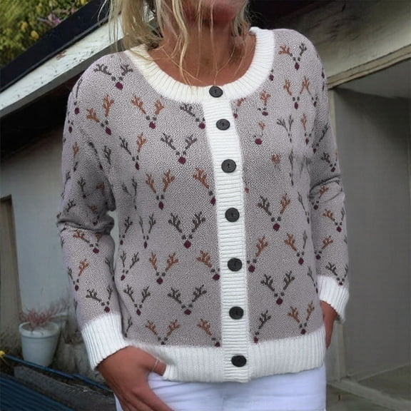 Ounisa Womens Fair Isle Christmas Sweater Button Up Long Sleeve Cardigans Crew Neck Open Front Knit Vintage Sweater Coats