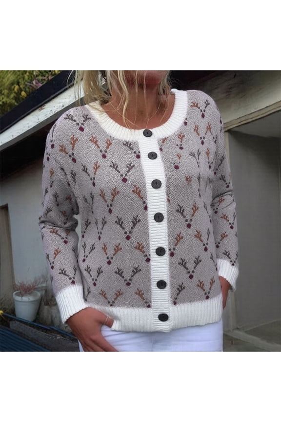 Womens Fair Isle Christmas Sweater Button Up Long Sleeve Cardigans Crew Neck Open Front Knit Vintage Sweater Coats