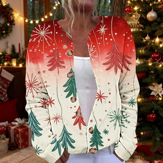 Ounisa Womens Fair Isle Sweater Button Up Long Sleeve Christmas Tree Snowflake Gifts Decorations Graphic Cardigans Crew Neck Open Front Knit Vintage Sweater Coats