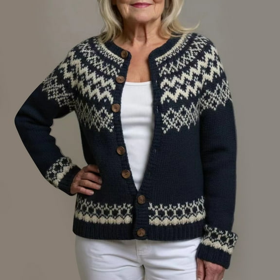 Ounisa Womens Fair Isle Sweater Button Up Long Sleeve Christmas Tree Snowflake Gifts Decorations Graphic Cardigans Crew Neck Open Front Knit Vintage Sweater Coats