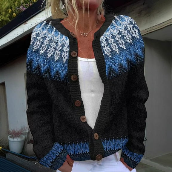 Ounisa Womens Fair Isle Sweater Button Up Long Sleeve Cardigans Crew Neck Open Front Knit Vintage Sweater Coats