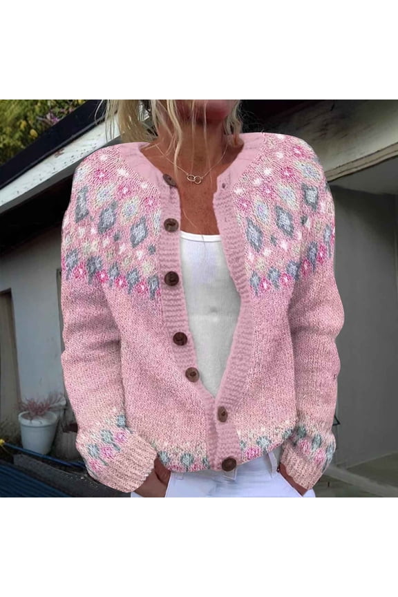 Womens Fair Isle Sweater Button Up Long Sleeve Cardigans Crew Neck Open Front Knit Vintage Sweater Coats