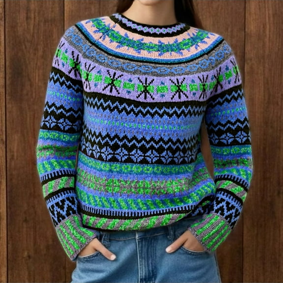 Ounisa Womens Fair Isle Sweater Button Up Long Sleeve Cardigans Crew Neck Open Front Knit Vintage Sweater Coats