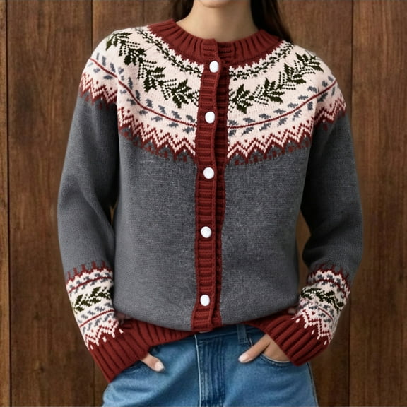 Ounisa Womens Fair Isle Sweater Button Up Long Sleeve Cardigans Crew Neck Open Front Knit Vintage Sweater Coats