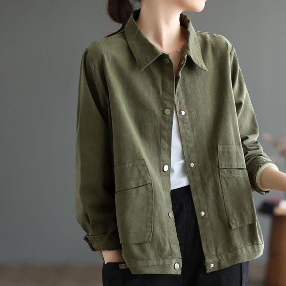 Ounisa Womens Fall Tops Cropped Ziper Jacket Blouse Lightweight Bomber Button Oversized Utility Casual Coats with Pockets