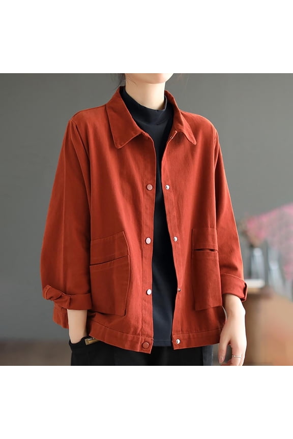 Womens Fall Tops Cropped Ziper Jacket Blouse Lightweight Bomber Button Oversized Utility Casual Coats with Pockets