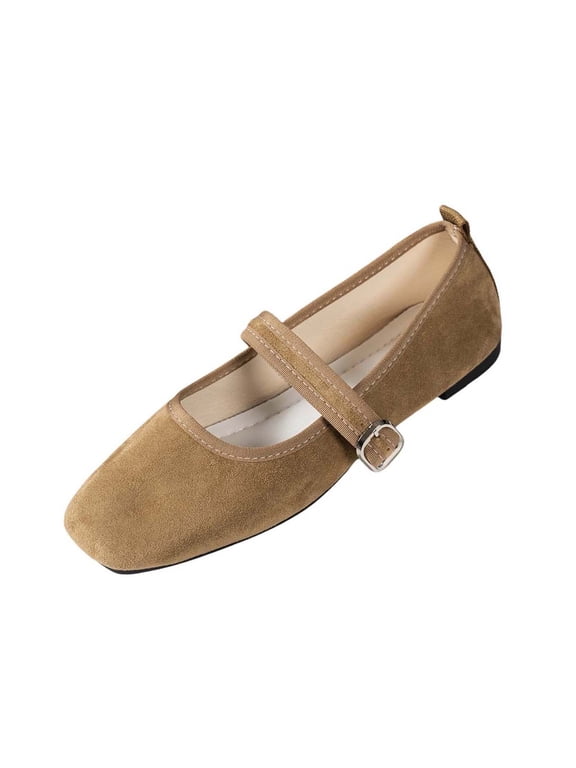 Womens Flock Round Toe Shoes Adjustable Casual Solid Color Metal Buckle Strap Mary Jane Flat Shoes