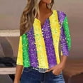 thumbnail image 1 of Ounisa Womens Funny Mardi Gras 3/4 Sleeve Sequins Mask Printed Shirts Tunics 2025 Trendy Holiday T-Shirts Carnival Tops, 1 of 5