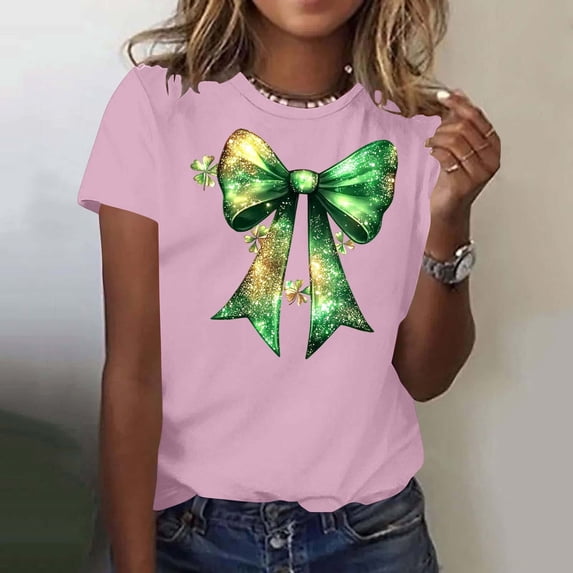 Ounisa Womens Funny St Patricks Day Bows T Shirts for Girls Cute Short Sleeve Tees for Saint Patricks Day