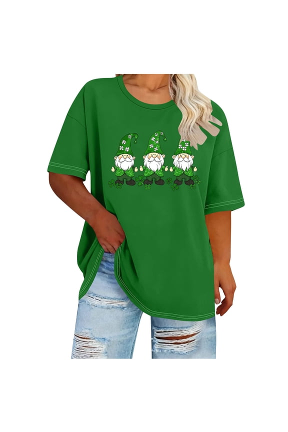 Womens Funny St Patricks Day T Shirts for Womens Shamrock Gnomes Heart Graphic Short Sleeved Tees for Saint Patricks Day