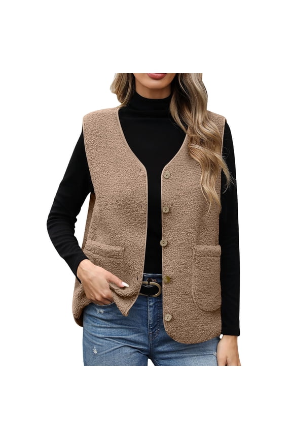 Womens Fuzzy Fleece Vest Sleeveless Button Down Fall Sherpa Jacket Winter Warm Old Money Outerwear with Pockets