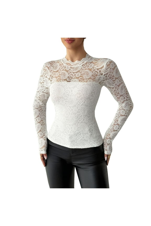 Womens Half-high Collar Lace Floral Tops Long Sleeve Mesh Round Neck Sexy See Through Shirts Floral Blouses Top