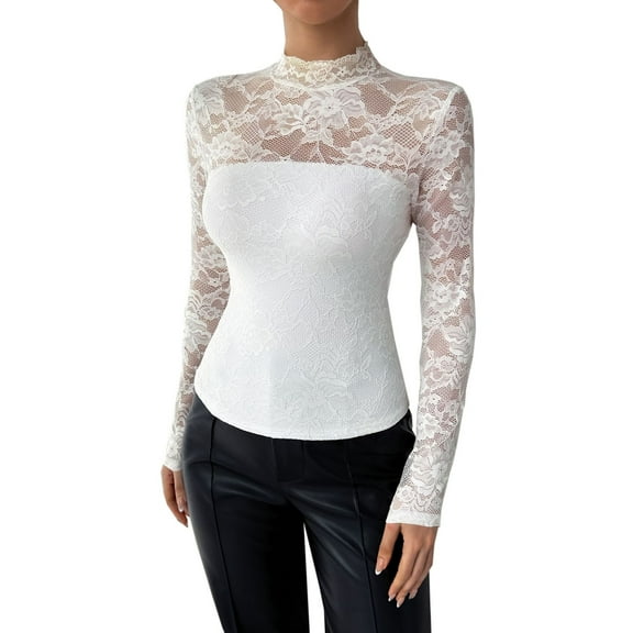 Ounisa Womens Half-high Collar Lace Floral Tops Long Sleeve Mesh Round Neck Sexy See Through Shirts Floral Blouses Top