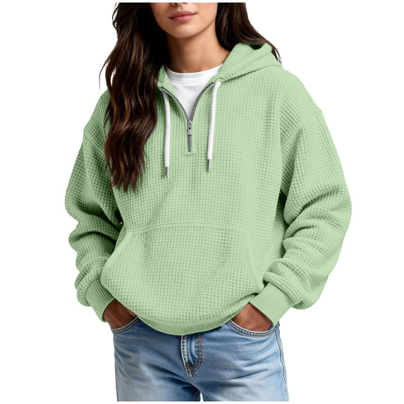 Ounisa Womens Hoodies Casual Long Sleeve Drawstring Waffle Pullover Tops Loose Hooded Sweatshirt with Pocket
