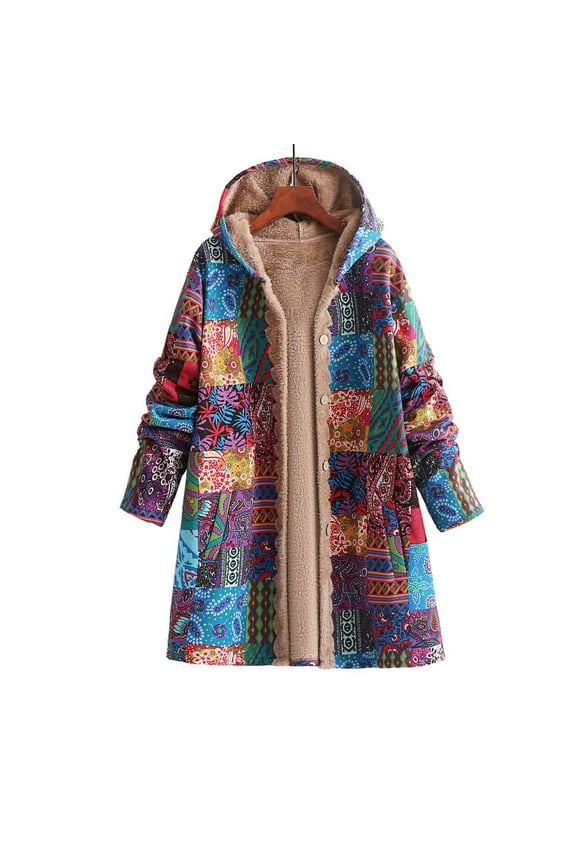 Womens Jackets Outerwear Parka Boho Ethnic Print Vintage Fleece Lined Exotic Hooded Long Warm Padded Coats Blouse Plus Size