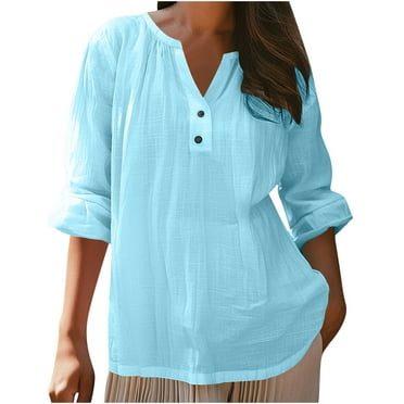 Ounisa Womens Linen Shirts Fashion Solid Color Button up Lapel Long Sleeves Loose Comfy Pullover T-Shirts Blouse Tops