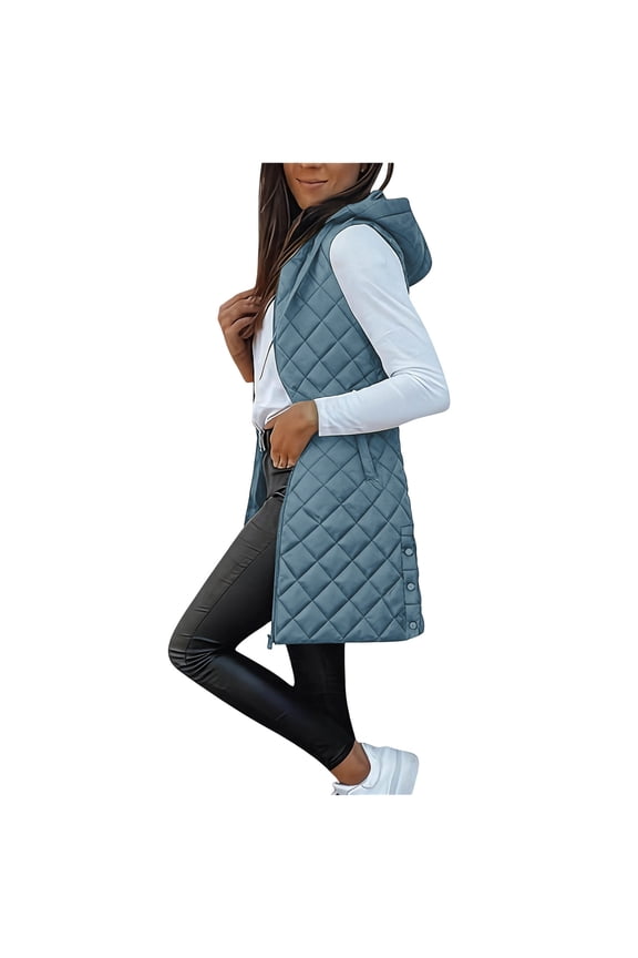 Womens Long Puffer Vest Hoodies Sleeveless Puffer Jacket Lightweight Quilted Tops Winter Warm Zip Up Coat Outerwear