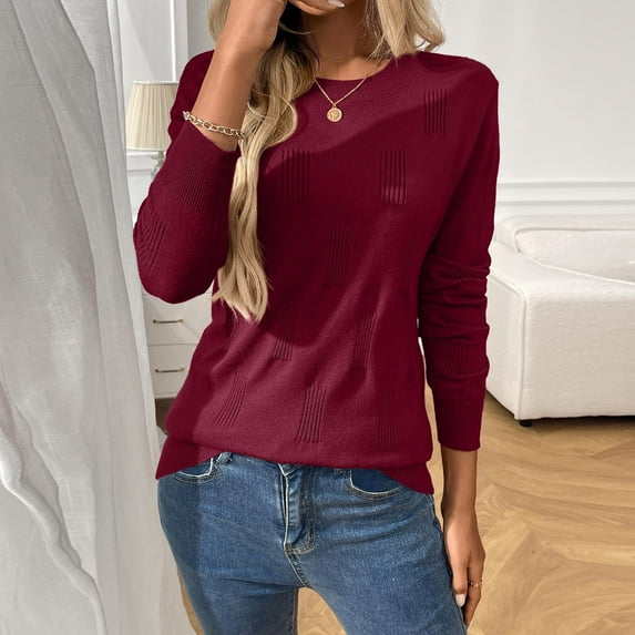 Ounisa Womens Long Sleeve Pullover Blouses Solid Color Simple Crew Neck Sweatshirt Tops Fashion Casual Relaxed Fit Base Shirt
