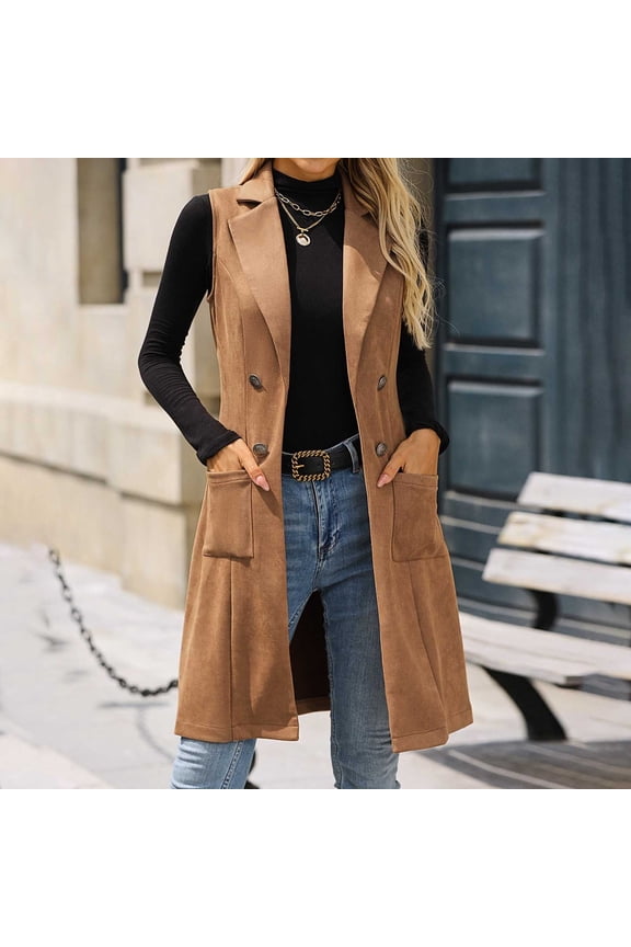 Womens Long Suit Vest Cardigans Faux Suede Sleeveless Open Front Blazer Solid Color Fashionable Casual Retro temperament Coats Jackets Outerwear