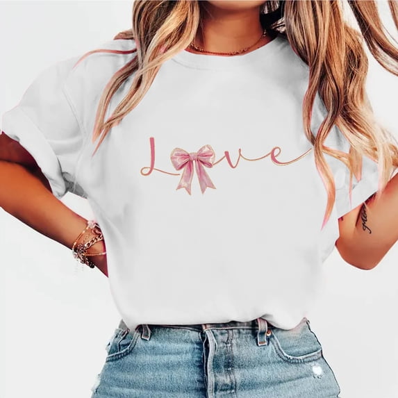 Ounisa Womens Love Heart Bow Shirts Short Sleeve Valentines Crewneck Colorful Heart Graphic Tees Tops