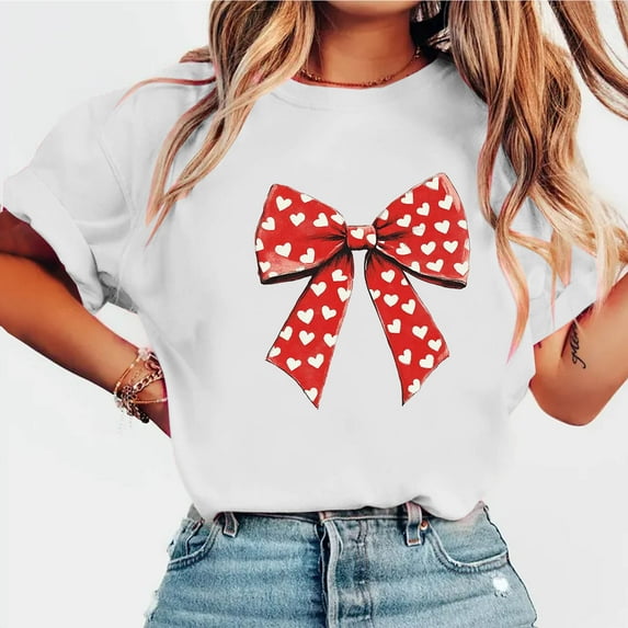 Ounisa Womens Love Heart Letters Bow Shirts Short Sleeve Valentines Crewneck Colorful Heart Graphic Tees Top