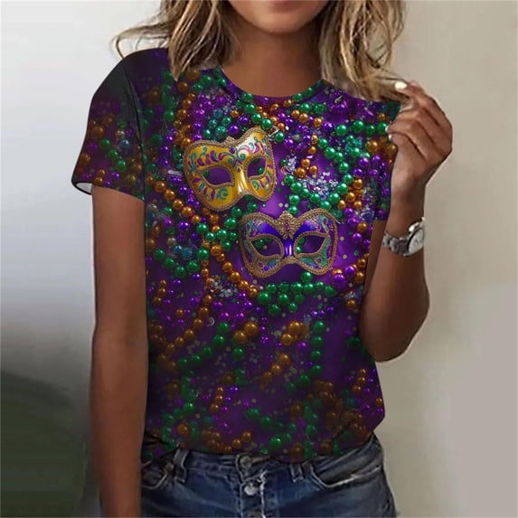 Ounisa Womens Mardi Gras Sweatshirts Carnival Sweatshirt Funny Mask Graphic Short Sleeve Shirts Fat Tuesday Pullover Top