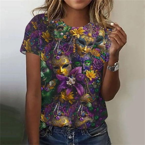 Ounisa Womens Mardi Gras Sweatshirts Carnival Sweatshirt Funny Mask Graphic Short Sleeve Shirts Fat Tuesday Pullover Top