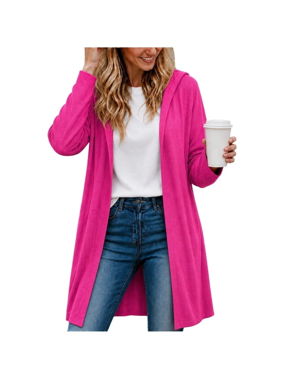 Womens Mid Length Hooded Cardigan Lightweight Open Front Long Sleeve Jacket Casual Flowy A Line Cut Daily Layering Coat