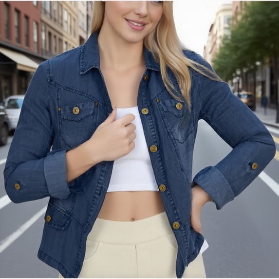 Ounisa Womens Outerwear solid color Long Sleeved Denim Jacket Button up Blazer New Lapel Casual Jean Shacket Coats