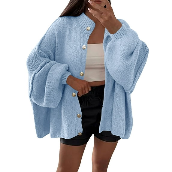 Ounisa Womens Oversized Cardigans Long Lantern Sleeve Button Down Chunky Knit Loose Fall Sweater Coats