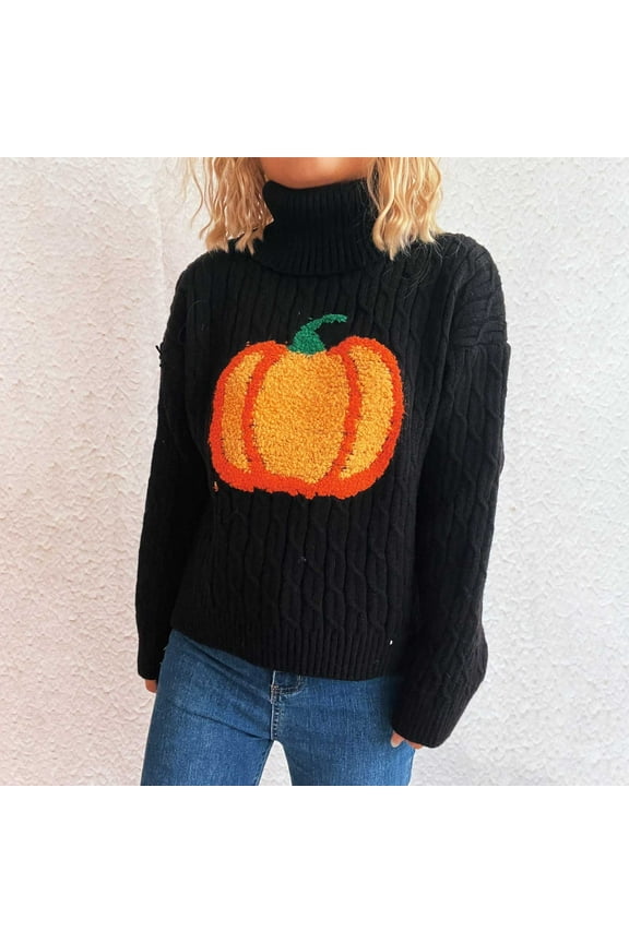 Womens Oversized Turtleneck Pullover Sweater Cable Knit Long Sleeve Pumpkin Printed Sweater Tops