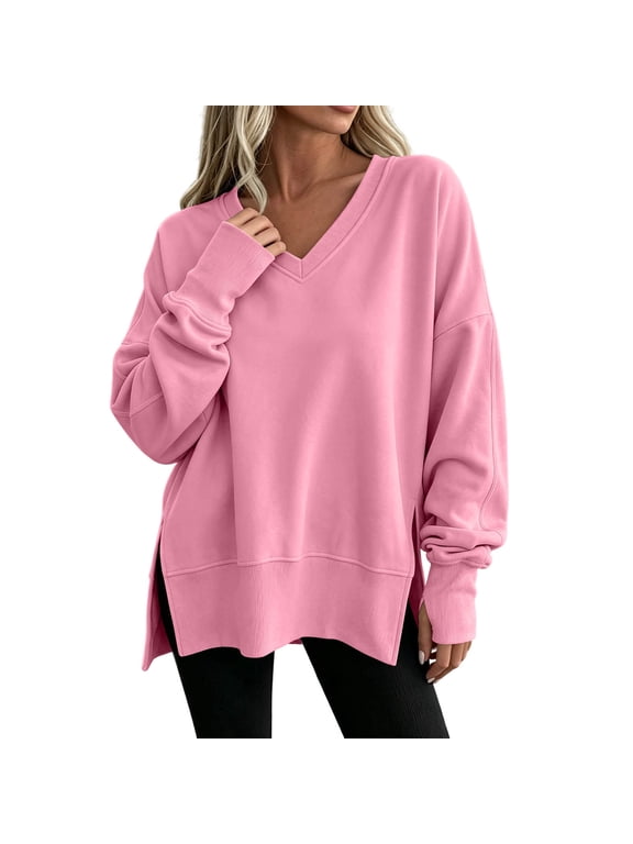 Womens Oversized V Neck Sweatshirt Long Sleeve Side Slits High Low Hem Pullover Top Fall Winter Cozy Casual Slouch Clothes
