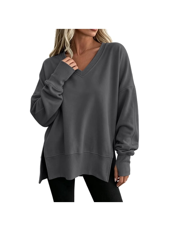 Womens Oversized V Neck Sweatshirt Long Sleeve Side Slits High Low Hem Pullover Top Fall Winter Cozy Casual Slouch Clothes
