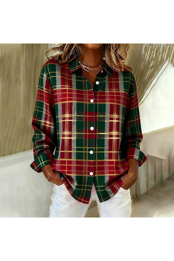 Womens Plaid Shirts Casual Cuffed Long Sleeve Boyfriend Button Down Plaid Flannel Retro Blouses Tops Coat