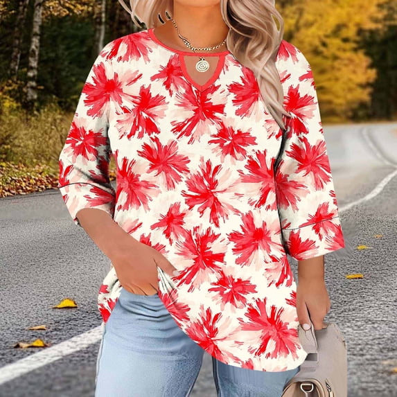 Ounisa Womens Plus Size 3/4 Sleeve T Shirts Crew Neck Chest Cutout All Over Print Casual Basic Spring Summer Daily Wear Blouses L-5XL