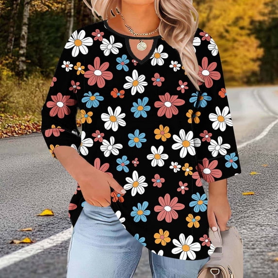Ounisa Womens Plus Size 3/4 Sleeve T Shirts Crew Neck Chest Cutout All Over Print Casual Basic Spring Summer Daily Wear Blouses L-5XL