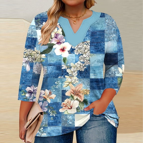 Ounisa Womens Plus Size Tops V Neck T Shirts 3/4 Sleeve Blouse Summer Casual Tees