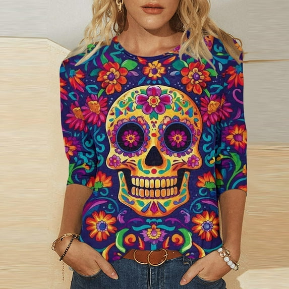 Ounisa Womens Pullover Day of The Dead 3/4 Sleeve V Neck Shirts Fall Halloween Funny Skull Graphic Length Sleeve Top Spooky Season Tees