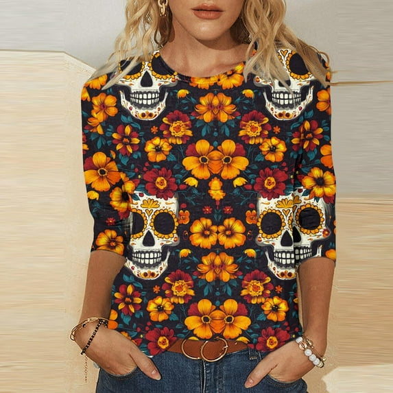 Ounisa Womens Pullover Day of The Dead 3/4 Sleeve V Neck Shirts Fall Halloween Funny Skull Graphic Length Sleeve Top Spooky Season Tees