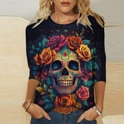OUNISA Womens Pullover Day of The Dead 3/4 Sleeve V Neck Shirts Fall Halloween Funny Skull Graphic Length Sleeve Top Spooky Season Tees