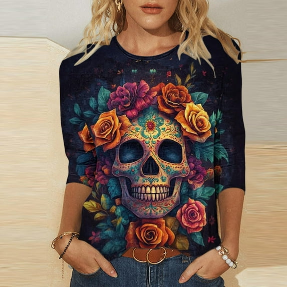 Ounisa Womens Pullover Day of The Dead 3/4 Sleeve V Neck Shirts Fall Halloween Funny Skull Graphic Length Sleeve Top Spooky Season Tees
