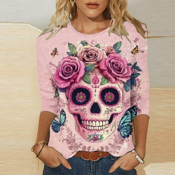 Ounisa Womens Pullover Day of The Dead 3/4 Sleeve V Neck Shirts Fall Halloween Funny Skull Graphic Length Sleeve Top Spooky Season Tees