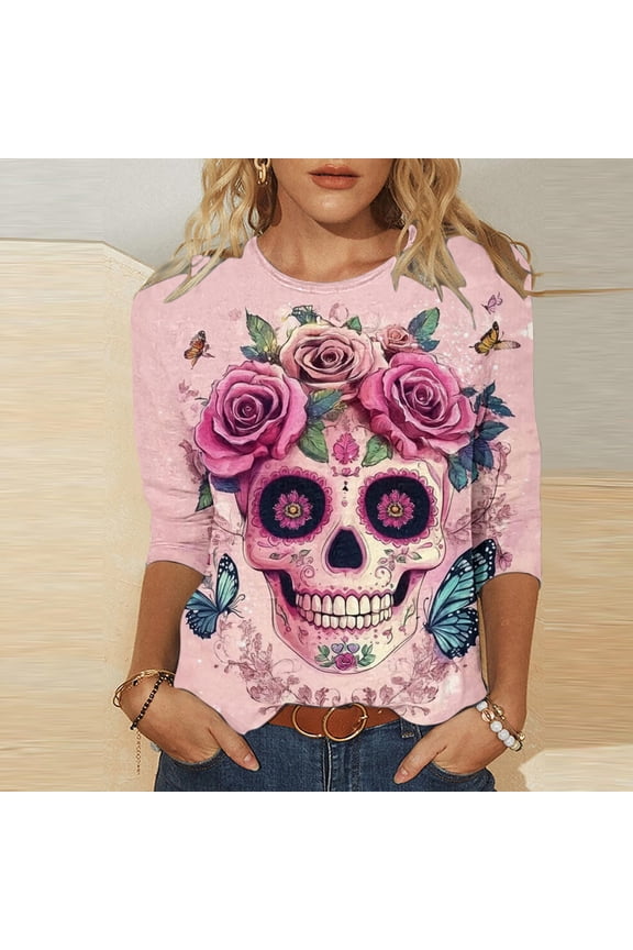 Womens Pullover Day of The Dead 3/4 Sleeve V Neck Shirts Fall Halloween Funny Skull Graphic Length Sleeve Top Spooky Season Tees