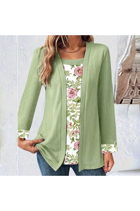 Womens Pullover Fake Two Piece Sets Rose Printed Ladies Tops T Shirt Summer Tops for Women Long Sleeve Blouse