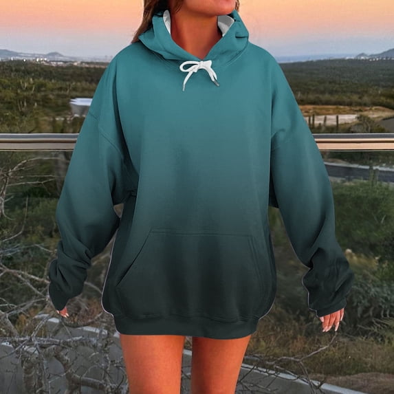 Ounisa Womens Pullover Fashionable Casual Gradient Sweatshirt Drawstring Hoodie Long Sleeve Tops with Pocket