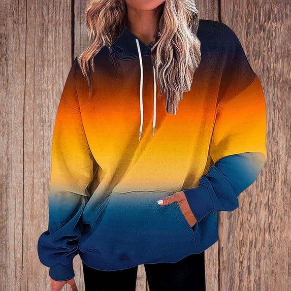 Ounisa Womens Pullover Fashionable Casual Gradient Sweatshirt Drawstring The Season Hoodie Long Sleeve Tops with Pocket