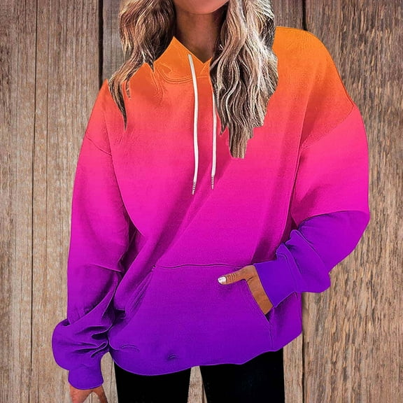 Ounisa Womens Pullover Fashionable Casual Gradient Sweatshirt Drawstring The Season Hoodie Long Sleeve Tops with Pocket
